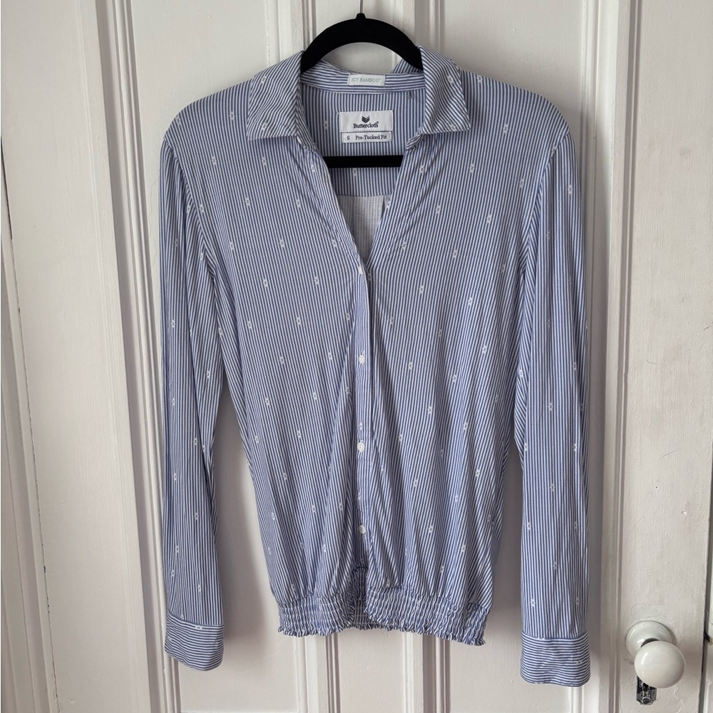 Women’s Buttercloth Pre Tucked Fit Blue/White Stripe Icy Bamboo Long Sleeve